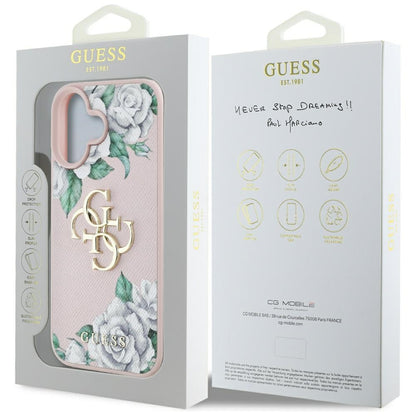 Étui pour Apple iPhone 16, Guess, 4G Grained Roses Big Logo, Rose