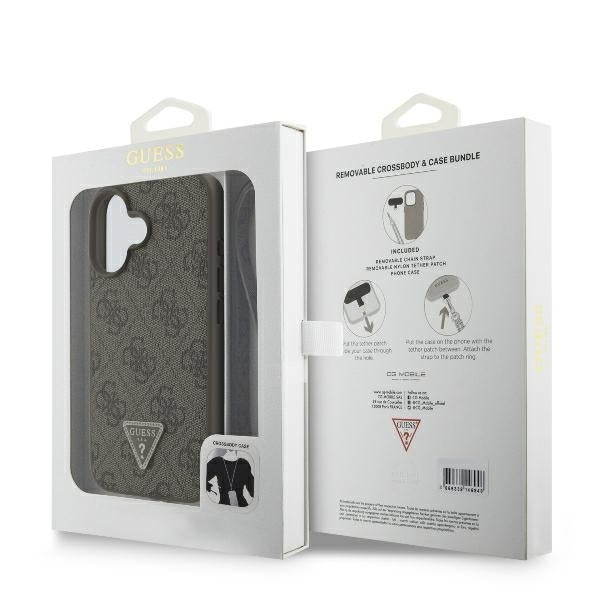 Étui pour Apple iPhone 16, Guess, Crossbody 4G Triangle Strass, Marron