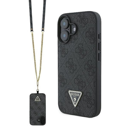 Étui pour Apple iPhone 16, Guess, Crossbody 4G Triangle Strass, Noir