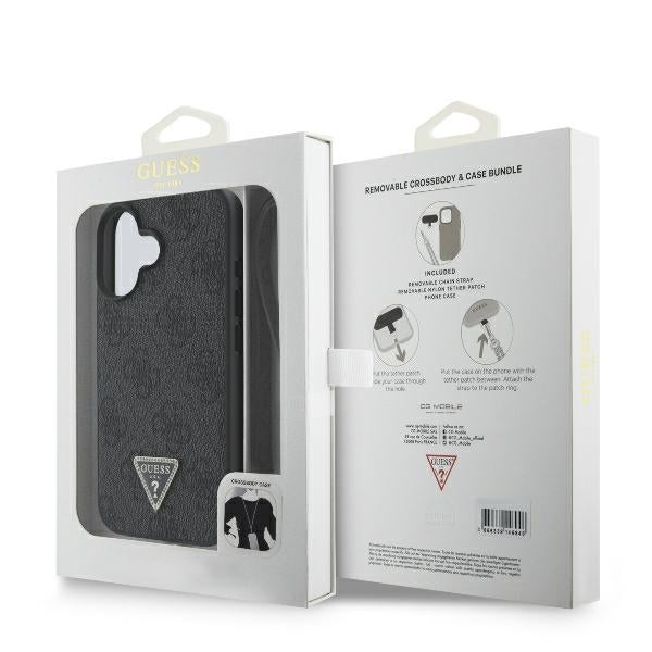 Étui pour Apple iPhone 16, Guess, Crossbody 4G Triangle Strass, Noir