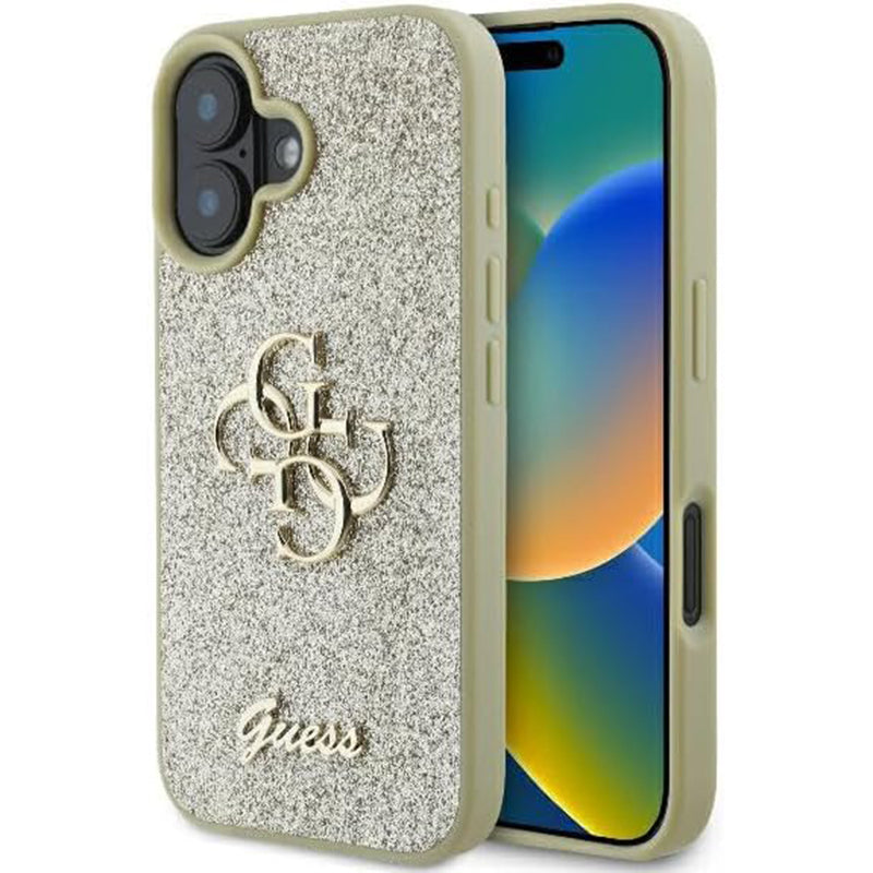 Étui pour Apple iPhone 16, Guess, Fixed Glitter Big 4G, Doré