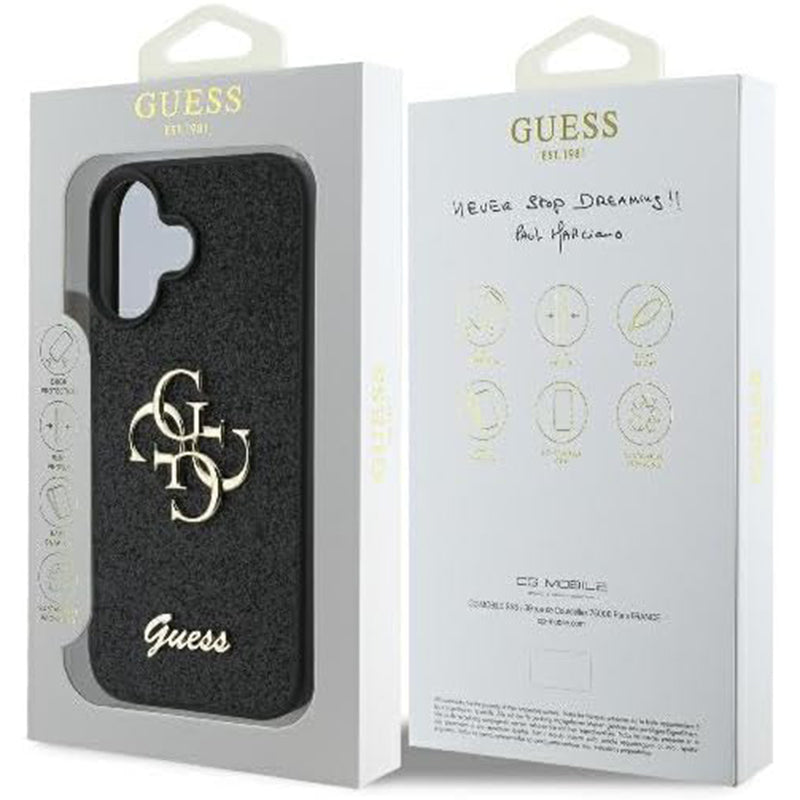 Étui pour Apple iPhone 16, Guess, Fixed Glitter Big 4G, Noir