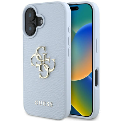 Étui pour Apple iPhone 16, Guess, Grained Big 4G Logo Small Classic Logo, Bleu