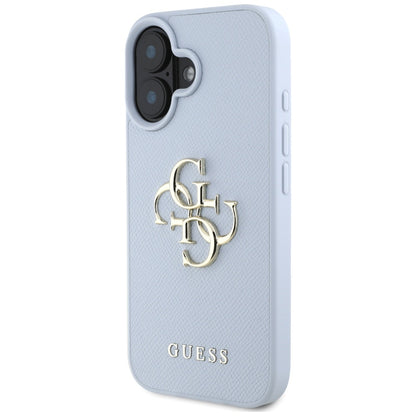 Étui pour Apple iPhone 16, Guess, Grained Big 4G Logo Small Classic Logo, Bleu