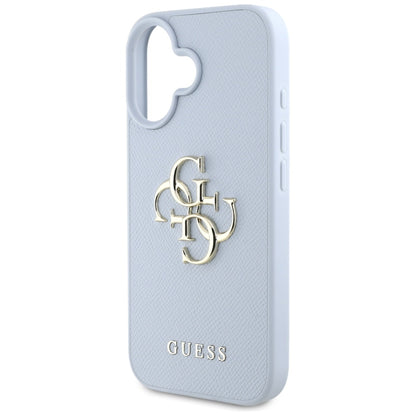 Étui pour Apple iPhone 16, Guess, Grained Big 4G Logo Small Classic Logo, Bleu