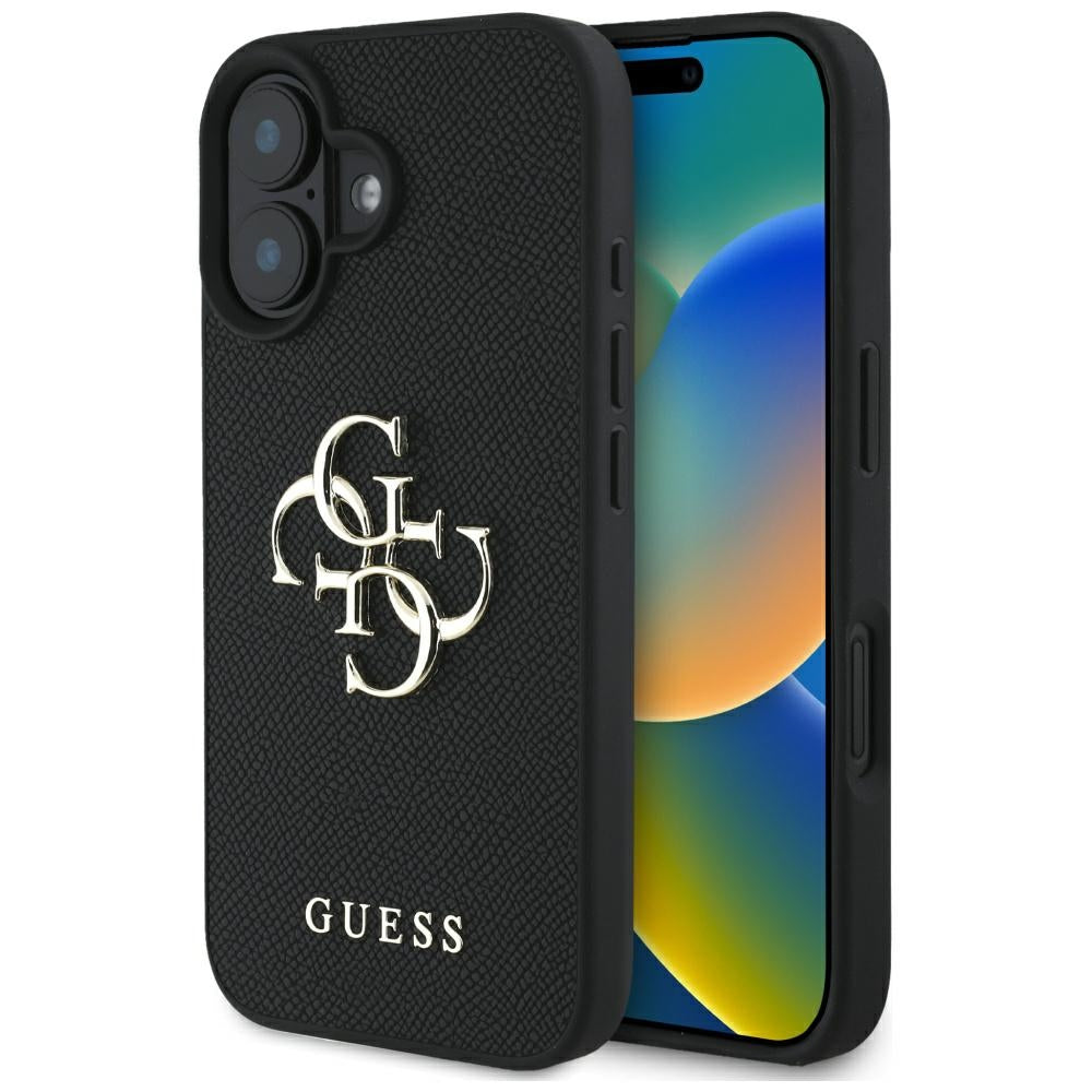 Étui pour Apple iPhone 16, Guess, Grained Big 4G Logo Small Classic Logo, Noir