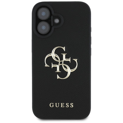 Étui pour Apple iPhone 16, Guess, Grained Big 4G Logo Small Classic Logo, Noir