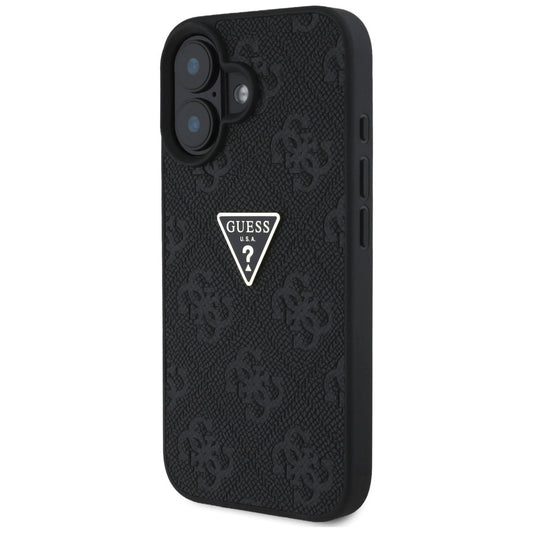 Étui pour Apple iPhone 16, Guess, Hot Stamp 4G Pattern Triangle Logo, Noir