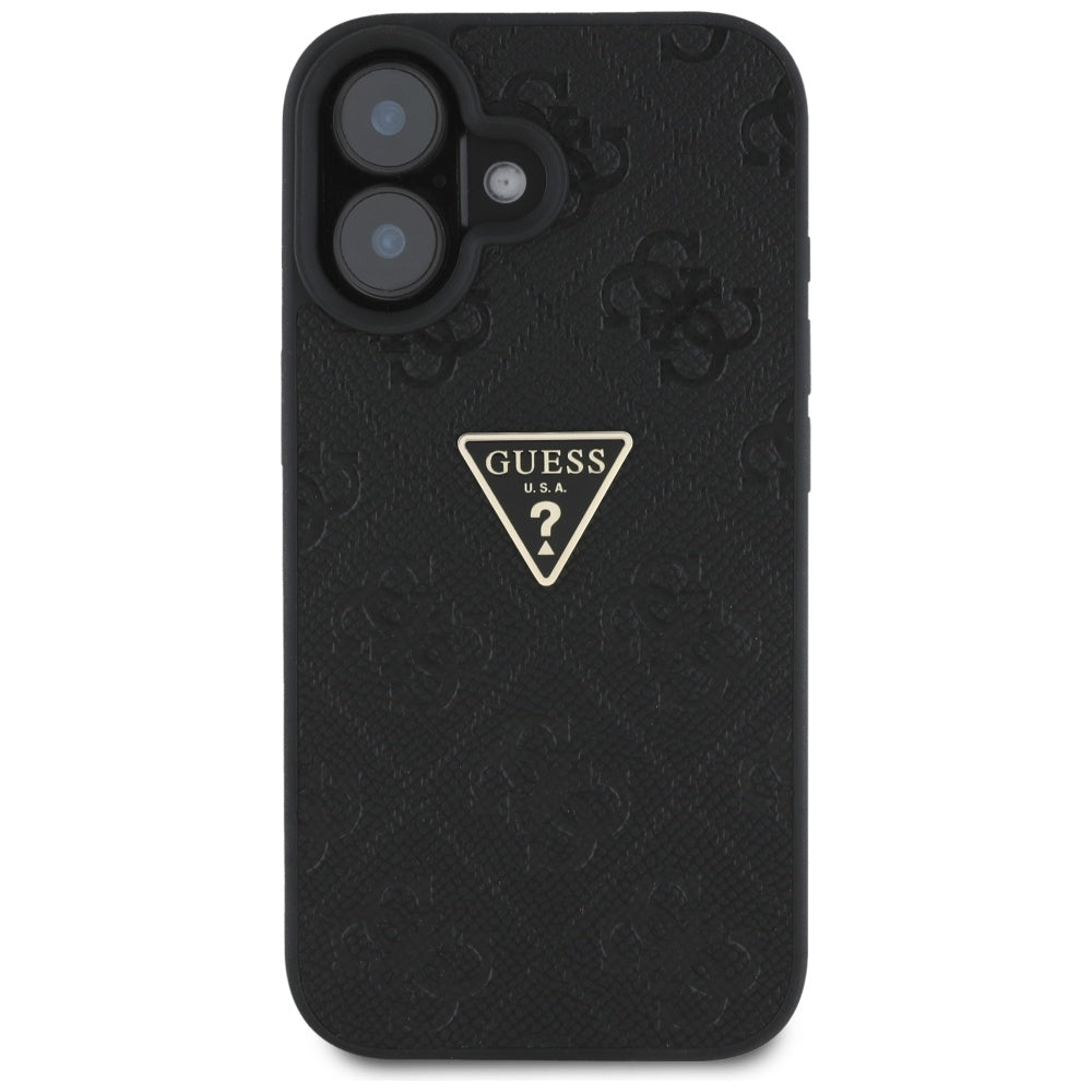 Étui pour Apple iPhone 16, Guess, Hot Stamp 4G Pattern Triangle Logo, Noir
