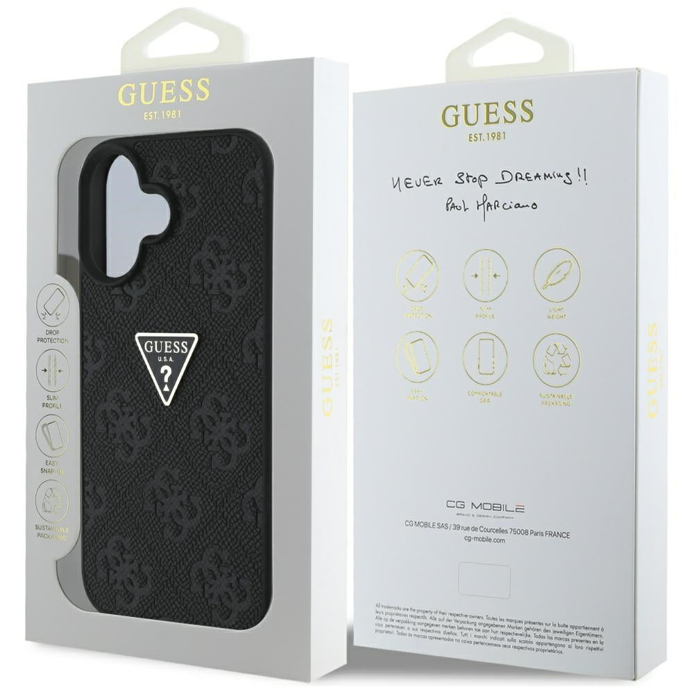 Étui pour Apple iPhone 16, Guess, Hot Stamp 4G Pattern Triangle Logo, Noir