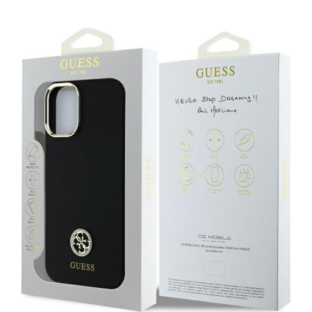 Étui pour Apple iPhone 16, Guess, Logo Strass 4G, Noir