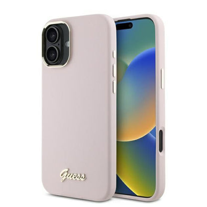 Étui pour Apple iPhone 16, Guess, Script Metal Logo & Frame, Rose