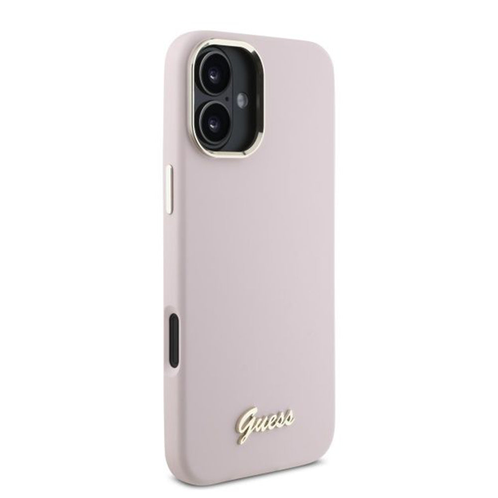Étui pour Apple iPhone 16, Guess, Script Metal Logo & Frame, Rose