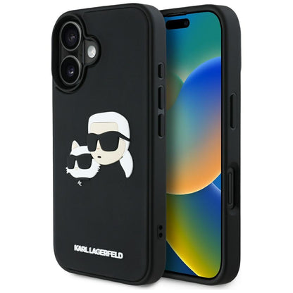 Étui pour Apple iPhone 16, Karl Lagerfeld, 3D Rubber Karl & Choupette, Noir