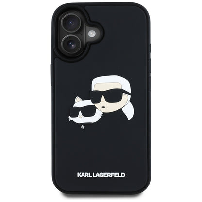 Étui pour Apple iPhone 16, Karl Lagerfeld, 3D Rubber Karl & Choupette, Noir