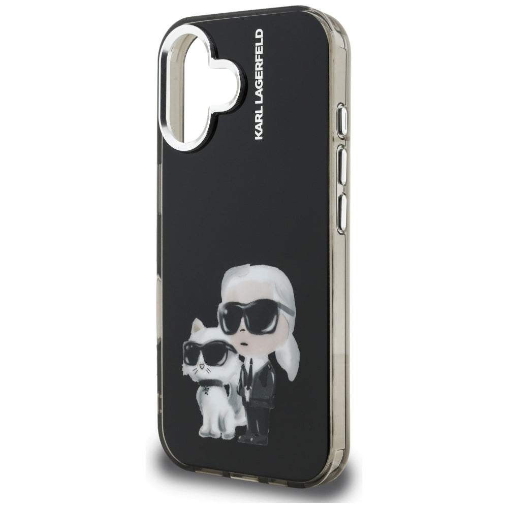 Étui pour Apple iPhone 16, Karl Lagerfeld, IML Aquarelle Logo Karl & Choupette, Noir