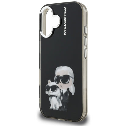Étui pour Apple iPhone 16, Karl Lagerfeld, IML Aquarelle Logo Karl & Choupette, Noir