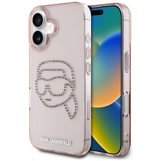 Étui pour Apple iPhone 16, Karl Lagerfeld, IML Rhinestones Karl's Head, Rose