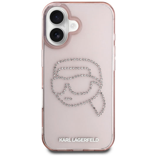 Étui pour Apple iPhone 16, Karl Lagerfeld, IML Rhinestones Karl's Head, Rose
