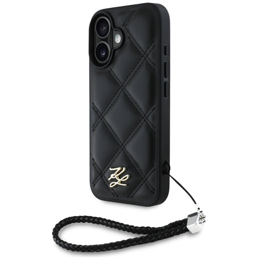 Case for Apple iPhone 16, Karl Lagerfeld, Quilted Initial Logo & Chain Strap, Black