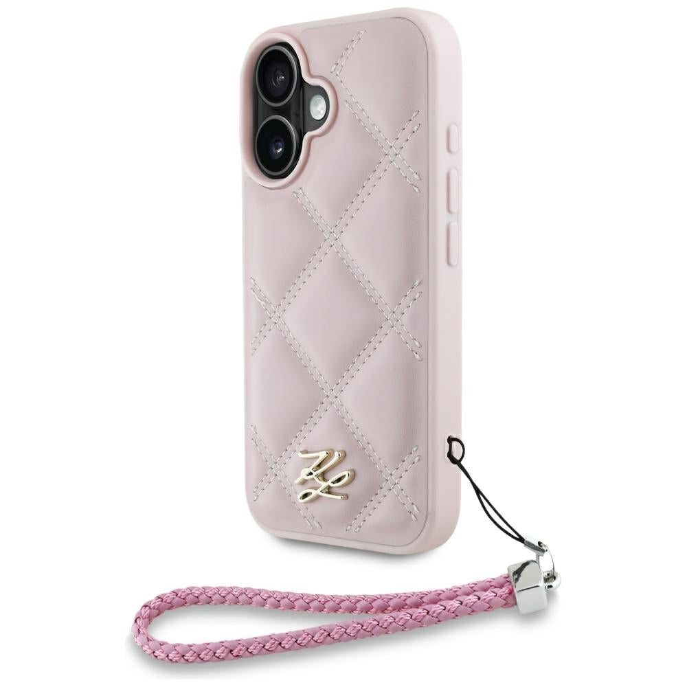 Housse pour Apple iPhone 16, Karl Lagerfeld, Logo Initial Matelassé & Bandoulière Chaîne, Rose