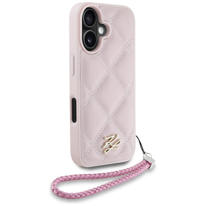 Housse pour Apple iPhone 16, Karl Lagerfeld, Logo Initial Matelassé & Bandoulière Chaîne, Rose