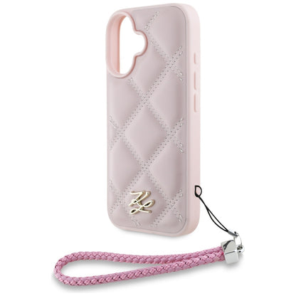 Housse pour Apple iPhone 16, Karl Lagerfeld, Logo Initial Matelassé & Bandoulière Chaîne, Rose