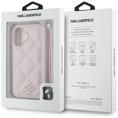 Housse pour Apple iPhone 16, Karl Lagerfeld, Logo Initial Matelassé & Bandoulière Chaîne, Rose