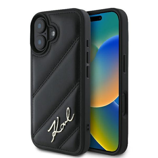 Étui pour Apple iPhone 16 Plus, Karl Lagerfeld, Diagonal Quilted Script, Noir