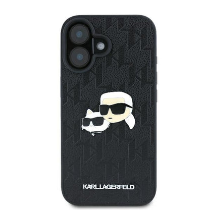 Étui pour Apple iPhone 16 Plus, Karl Lagerfeld, Monogramme Karl & Têtes de Choupette, Noir