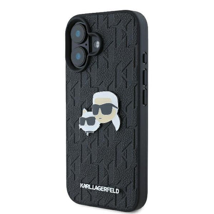 Étui pour Apple iPhone 16 Plus, Karl Lagerfeld, Monogramme Karl & Têtes de Choupette, Noir