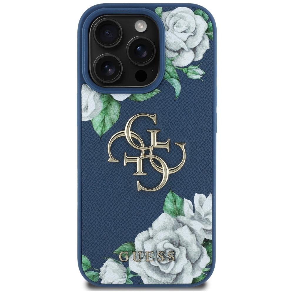 Étui pour Apple iPhone 16 Pro, Guess, 4G Grained Roses Big Logo, Bleu