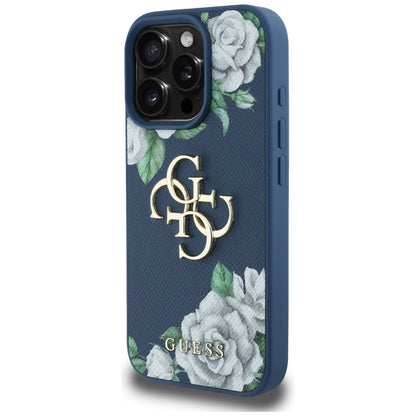 Étui pour Apple iPhone 16 Pro, Guess, 4G Grained Roses Big Logo, Bleu