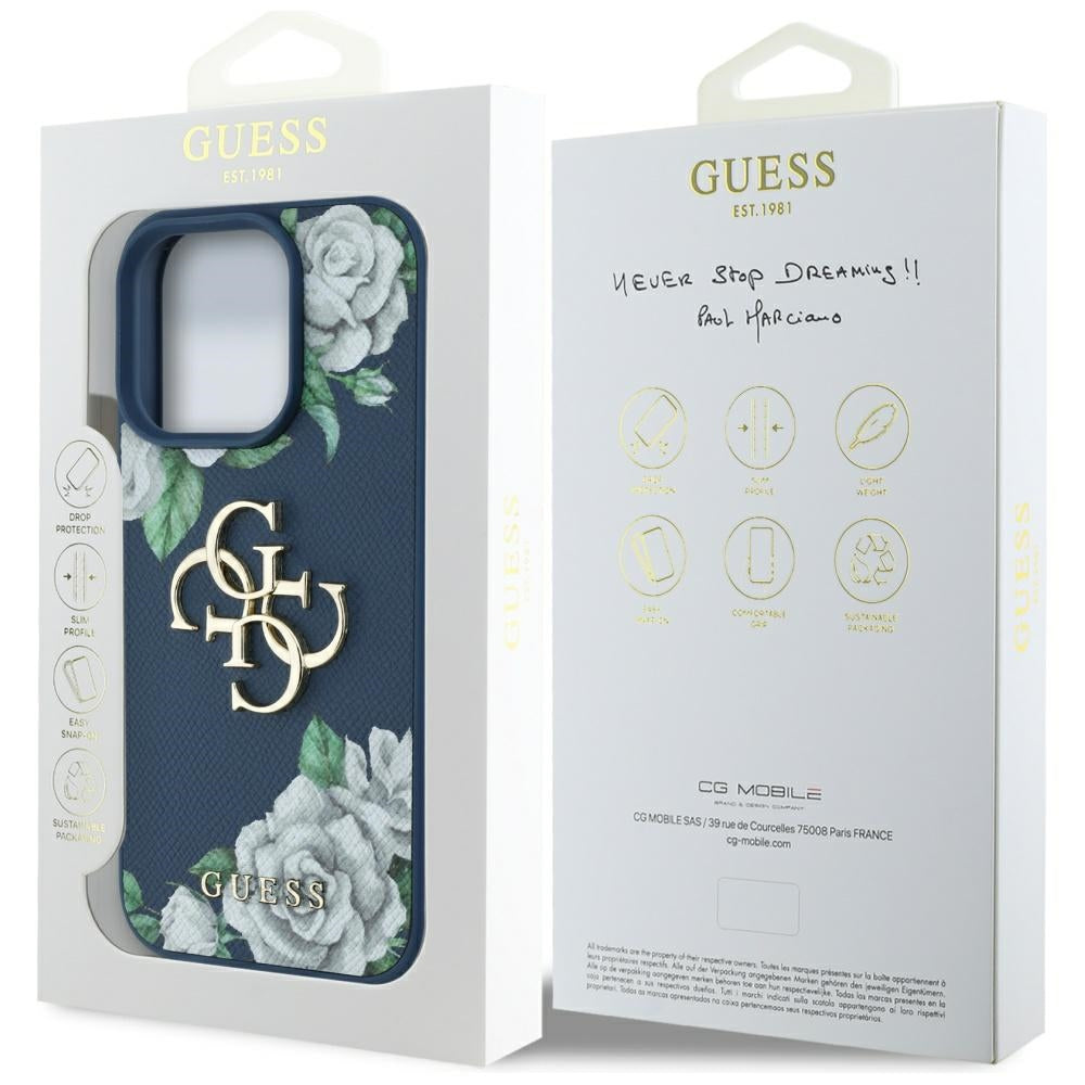 Étui pour Apple iPhone 16 Pro, Guess, 4G Grained Roses Big Logo, Bleu