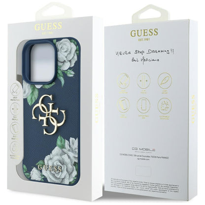 Étui pour Apple iPhone 16 Pro, Guess, 4G Grained Roses Big Logo, Bleu
