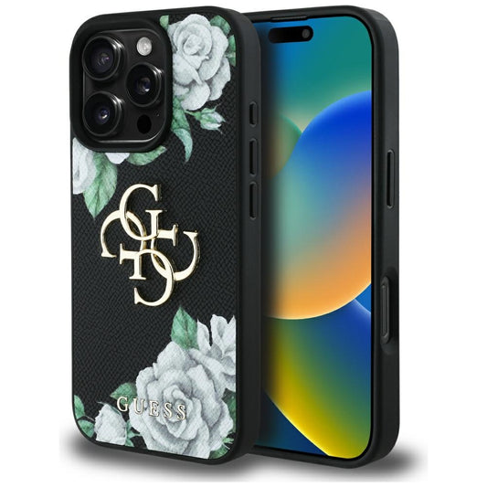 Étui pour Apple iPhone 16 Pro, Guess, 4G Grained Roses Big Logo, Noir