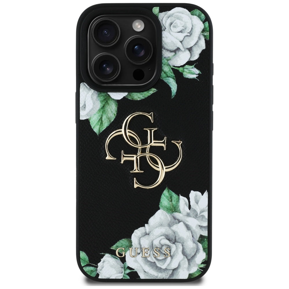 Case for Apple iPhone 16 Pro, Guess, 4G Grained Roses Big Logo, Black
