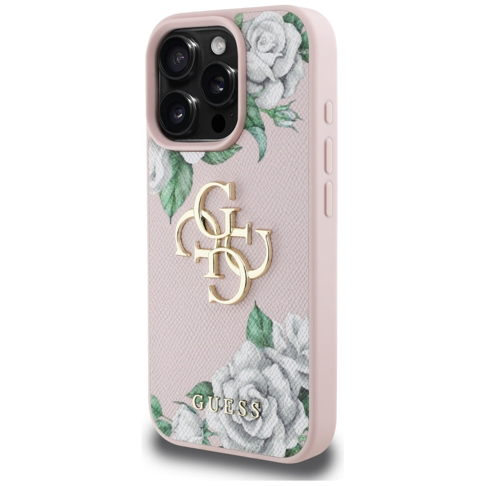 Étui pour Apple iPhone 16 Pro, Guess, 4G Grained Roses Big Logo, Rose
