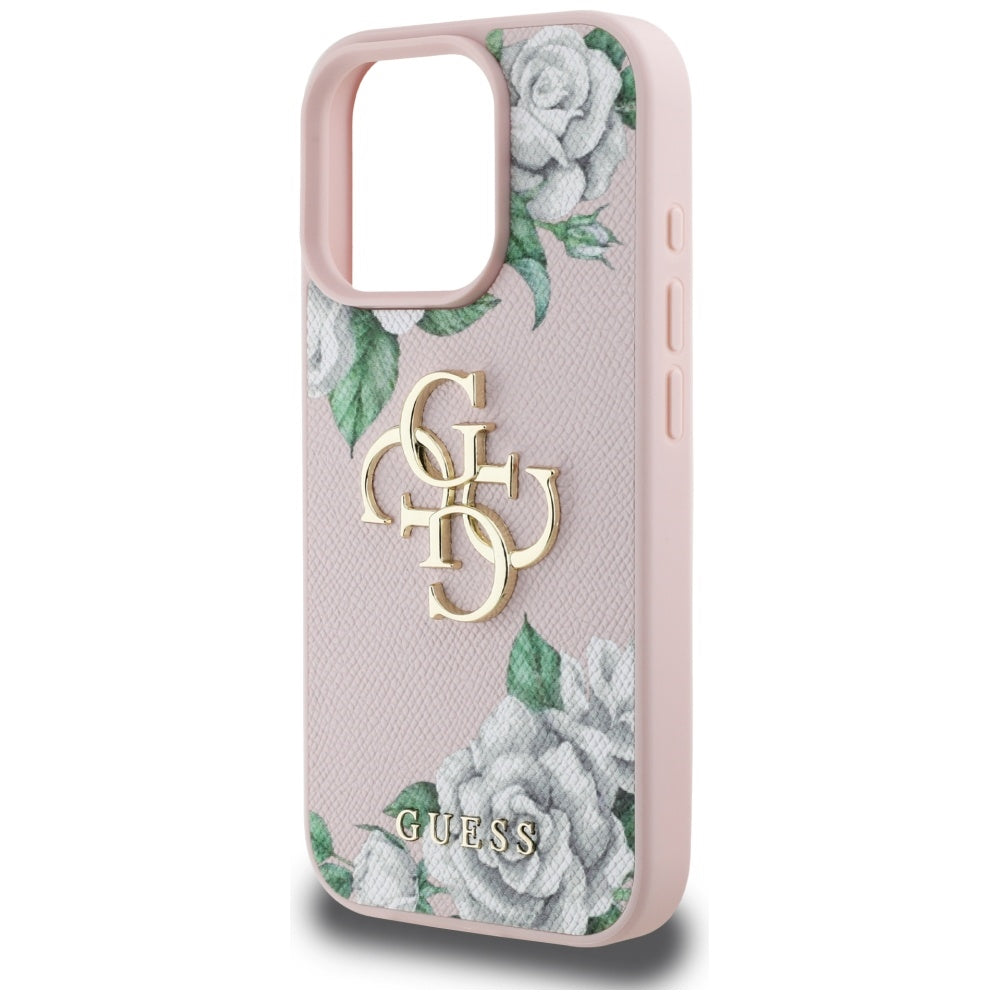 Étui pour Apple iPhone 16 Pro, Guess, 4G Grained Roses Big Logo, Rose