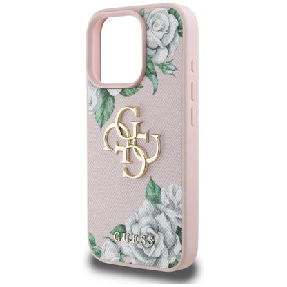 Étui pour Apple iPhone 16 Pro, Guess, 4G Grained Roses Big Logo, Rose