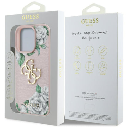 Étui pour Apple iPhone 16 Pro, Guess, 4G Grained Roses Big Logo, Rose
