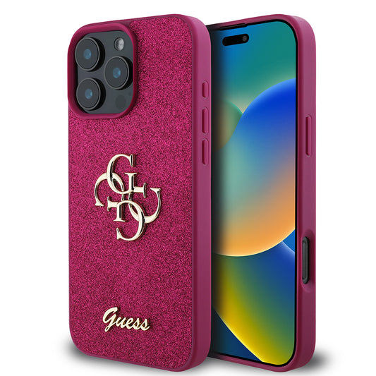 Étui pour Apple iPhone 16 Pro, Guess, Glitter Big 4G Script, Magenta