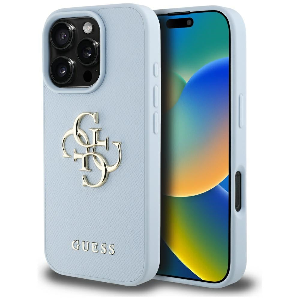 Housse pour Apple iPhone 16 Pro, Guess, Grained Big 4G Logo Small Classic Logo, Bleue
