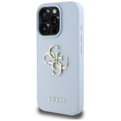 Housse pour Apple iPhone 16 Pro, Guess, Grained Big 4G Logo Small Classic Logo, Bleue