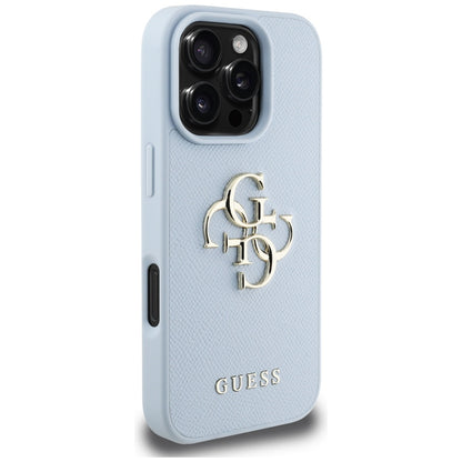 Housse pour Apple iPhone 16 Pro, Guess, Grained Big 4G Logo Small Classic Logo, Bleue