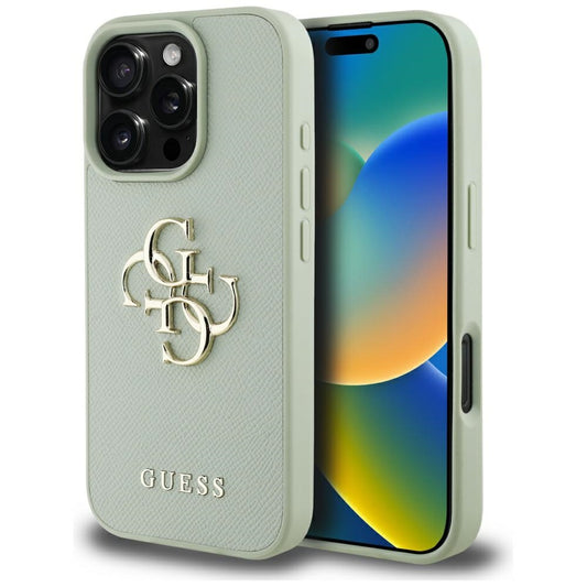 Housse pour Apple iPhone 16 Pro, Guess, Grained Big 4G Logo Small Classic Logo, Vert