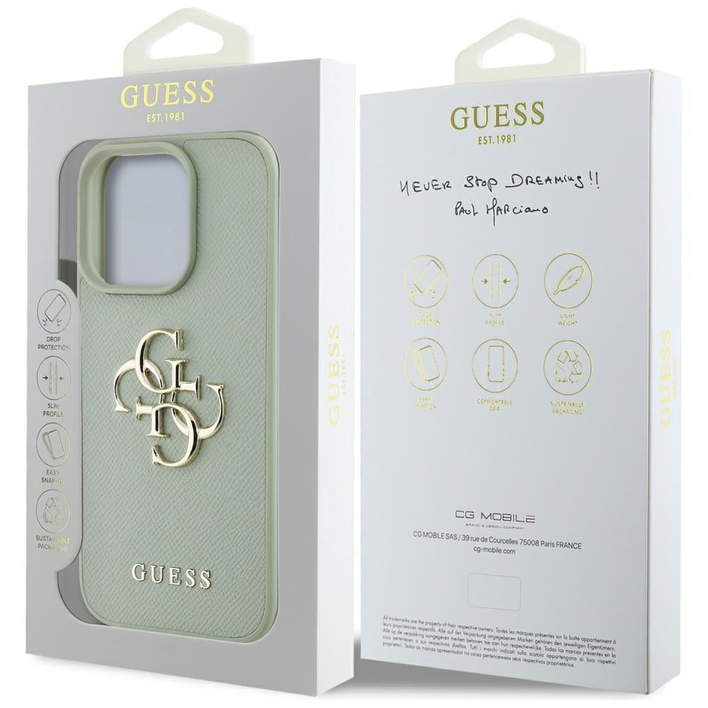 Housse pour Apple iPhone 16 Pro, Guess, Grained Big 4G Logo Small Classic Logo, Vert