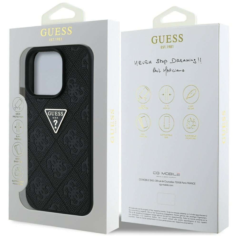 Étui pour Apple iPhone 16 Pro, Guess, Hot Stamp 4G Pattern Triangle Logo, Noir