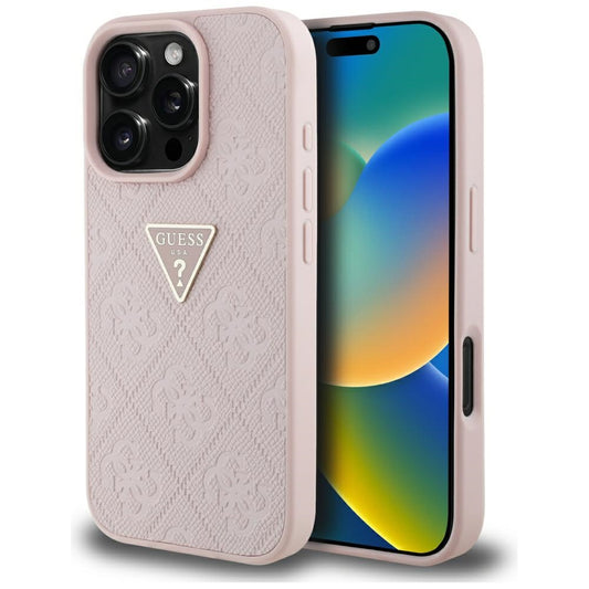 Étui pour Apple iPhone 16 Pro, Guess, Hot Stamp 4G Pattern Triangle Logo, Rose.
