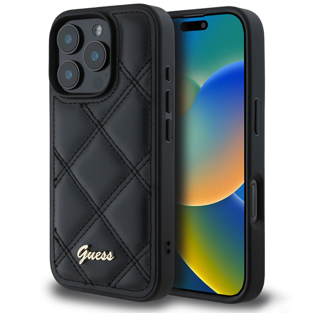 Étui pour Apple iPhone 16 Pro, Guess, Logo Métallique Matelassé, Noir